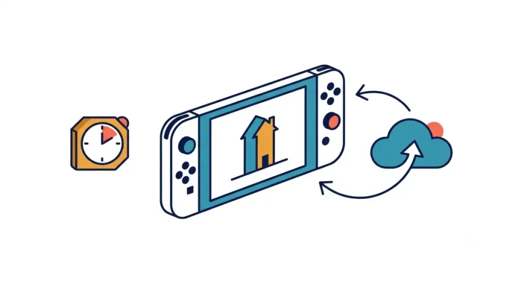 Vector illustration of a handheld console and cloud saves for playing the short but emotionally long story of What Remains of Edith Finch in sessions.