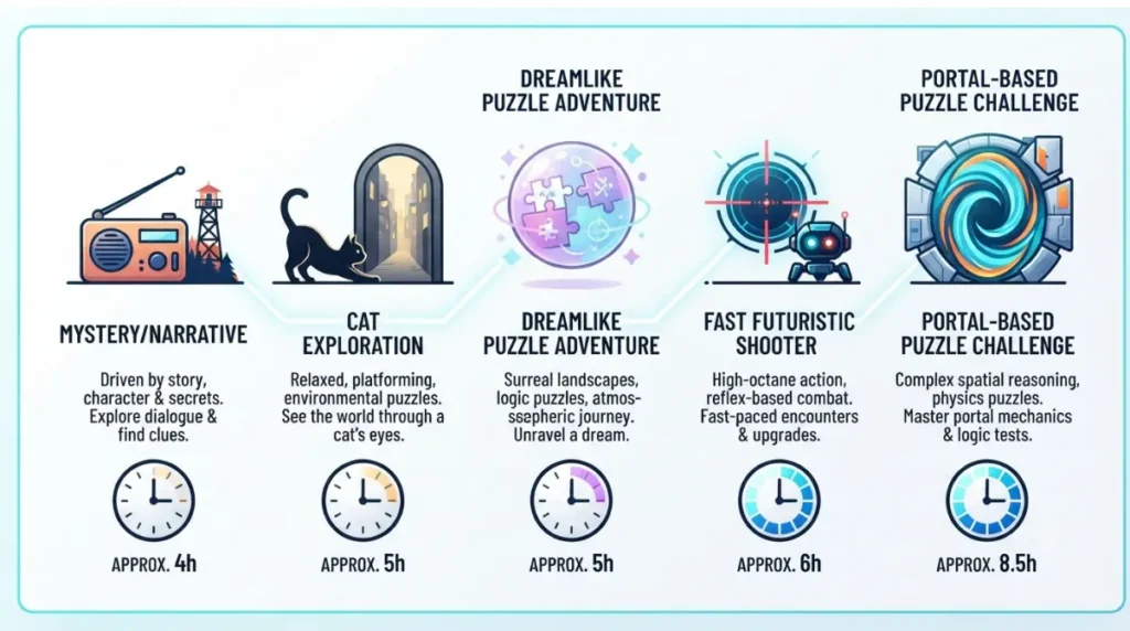 Weekend comparison of five short games by genre, mood, and estimated playtime