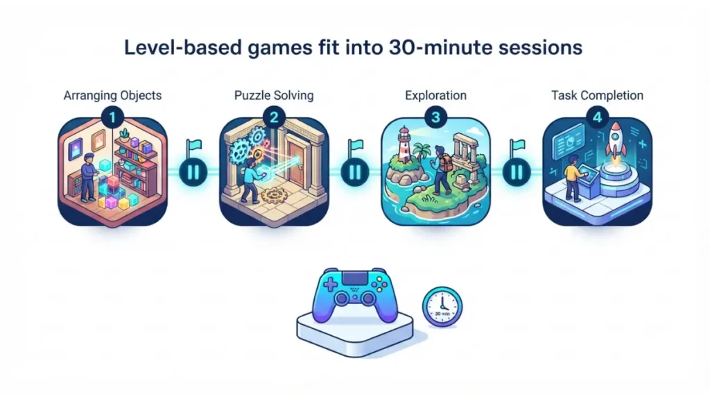 Games with short levels and natural stopping points between play sessions