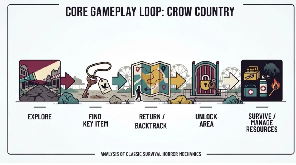 Is Crow Country gameplay loop showing exploration key items backtracking locked doors and survival horror mechanics