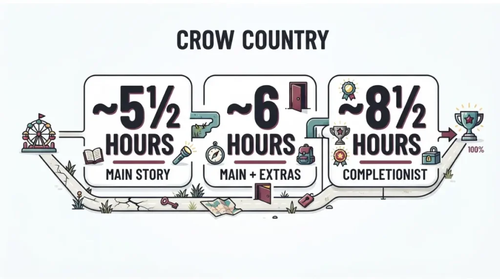 Is Crow Country playtime comparison showing main story main plus extras and completionist hours