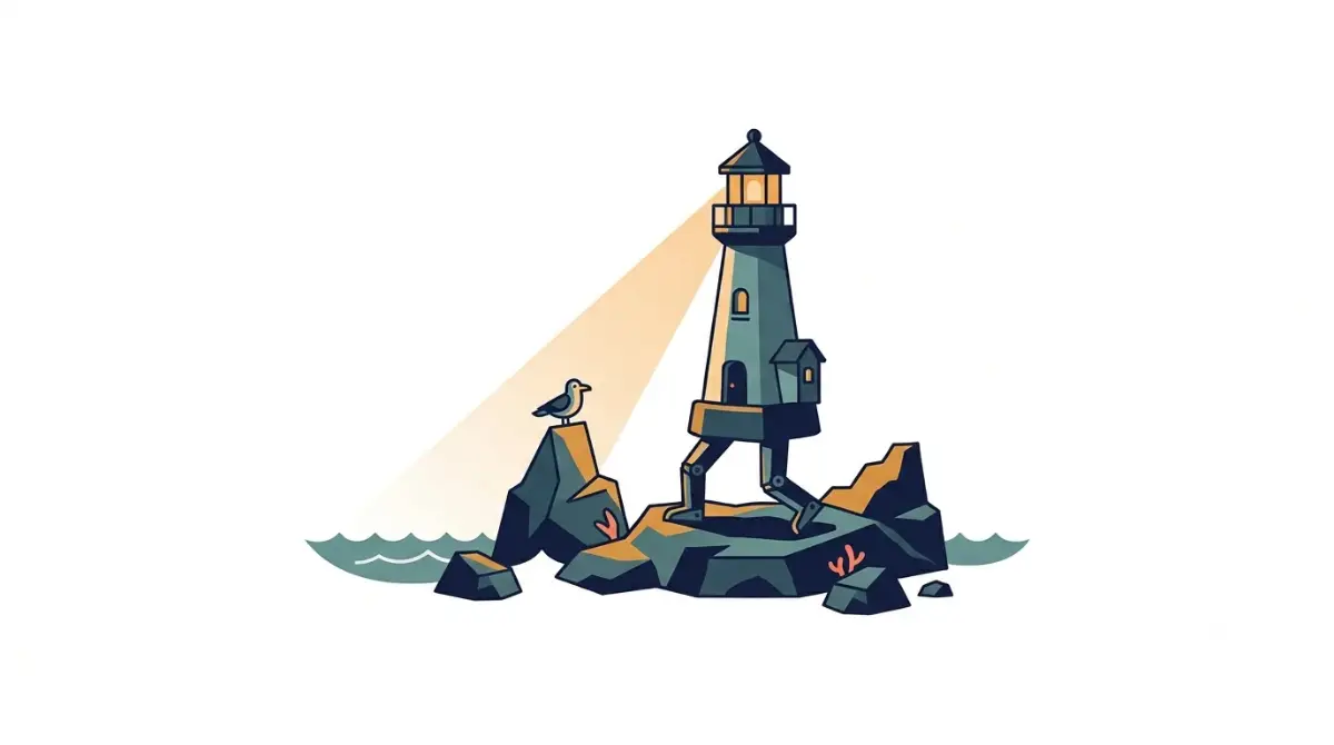 Keeper walking lighthouse and bird companion in a minimalist vector illustration