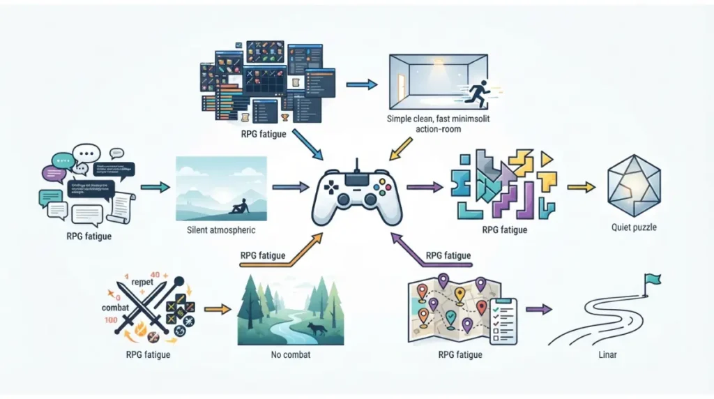 Palate cleanser decision map matching RPG fatigue from menus combat grind and checklists to different short games