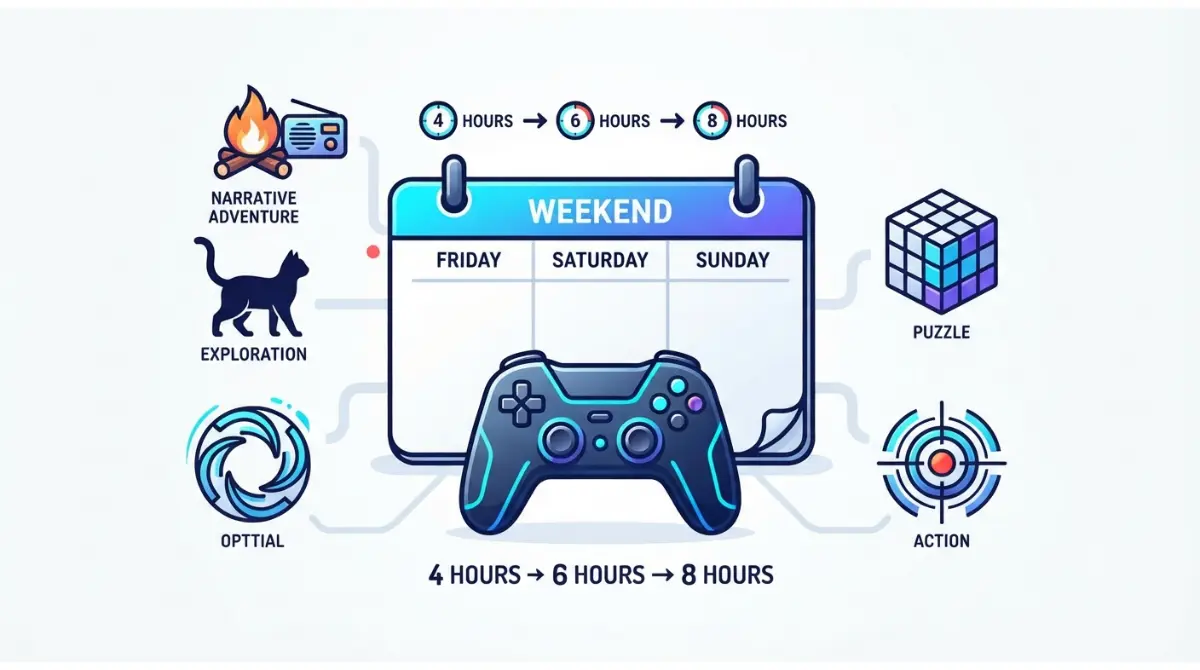 Weekend game selection guide with calendar, controller, and game-length choices