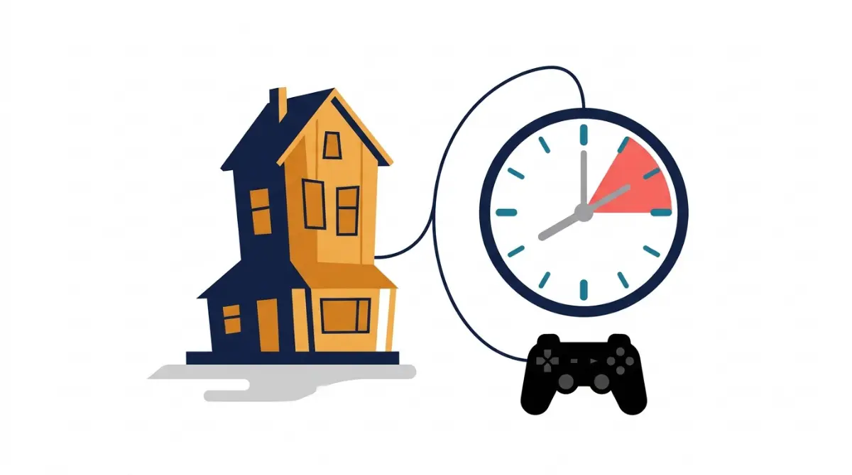 Vector illustration showing that What Remains of Edith Finch is not a long game, with a house, two-hour clock, and controller on a white background.