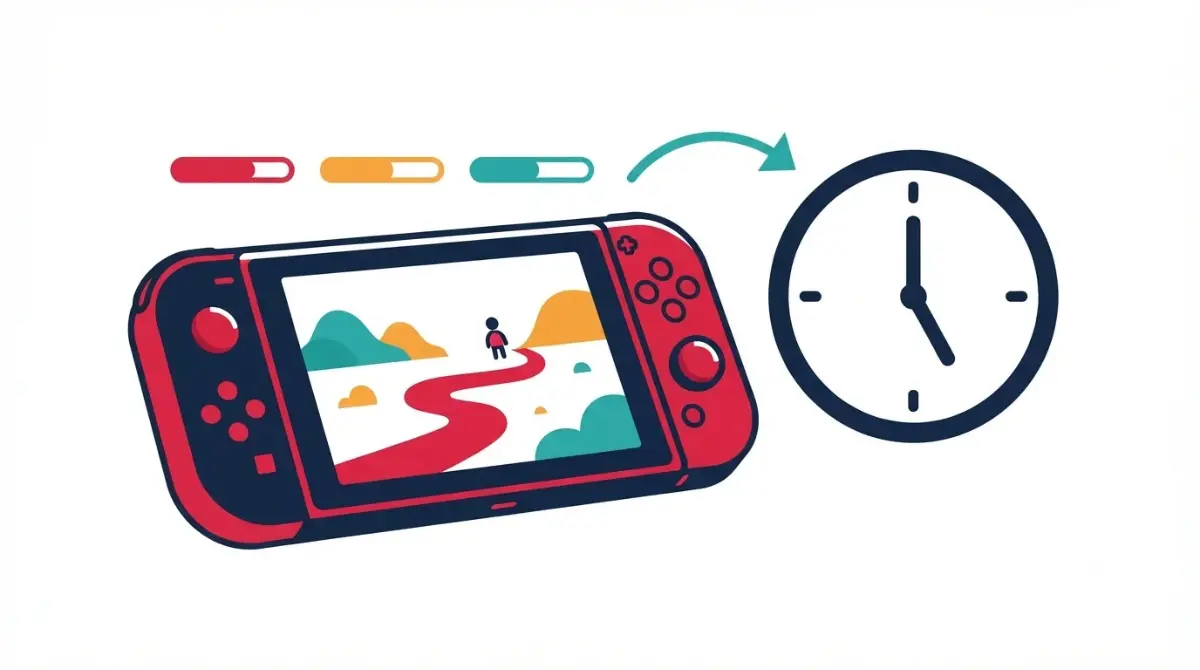Best short games on Switch 2 vector illustration showing a handheld console, evening clock, and short game progress bars