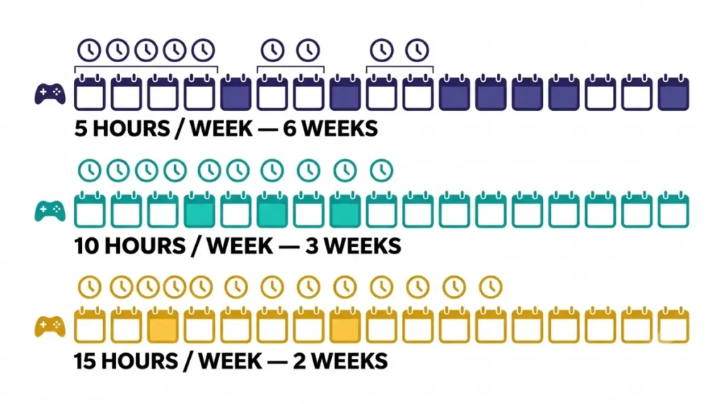 Clair Obscur Expedition 33 weekly pacing vector infographic showing completion in 6 weeks at 5 hours per week, 3 weeks at 10 hours per week, and 2 weeks at 15 hours per week.