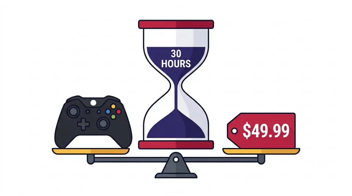 Clair Obscur Expedition 33 worth-it decision vector illustration showing a game controller, 30-hour hourglass, $49.99 price tag, and balanced scale on a white background.