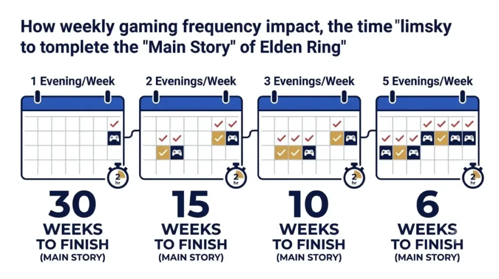 Elden Ring completion schedule showing how weekly gaming sessions affect weeks to finish