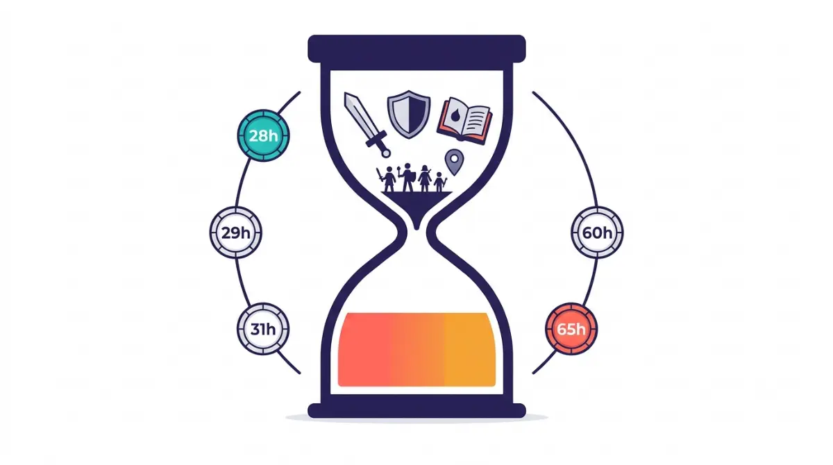 Vector illustration comparing games like Expedition 33 by estimated hours to finish, from 28 to 65 hours.