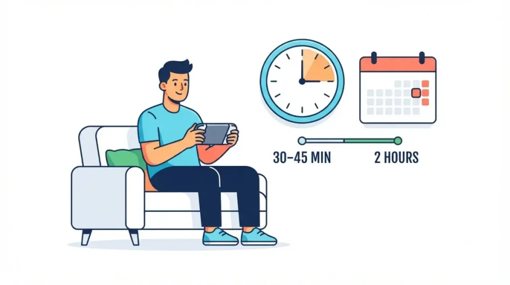Gamer using a Steam Deck during a short evening gaming session with a clock and calendar.