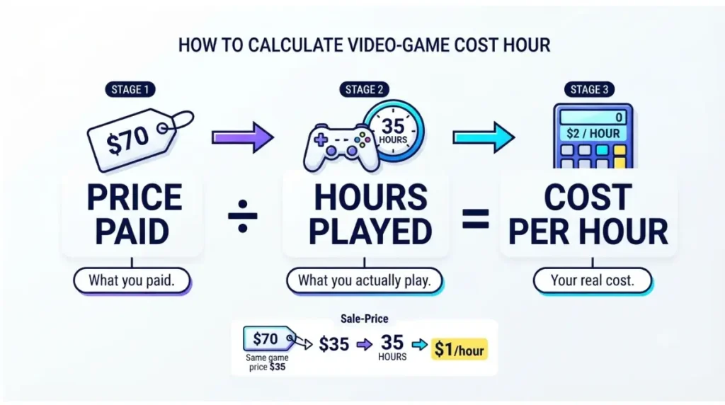 Cost Per Hour formula showing game price divided by hours played