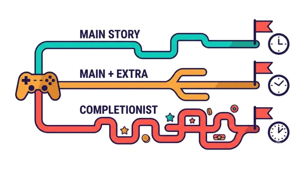 Games can have three completion lengths: main story, main plus extra, and completionist, illustrated with three finish lines in vector style.