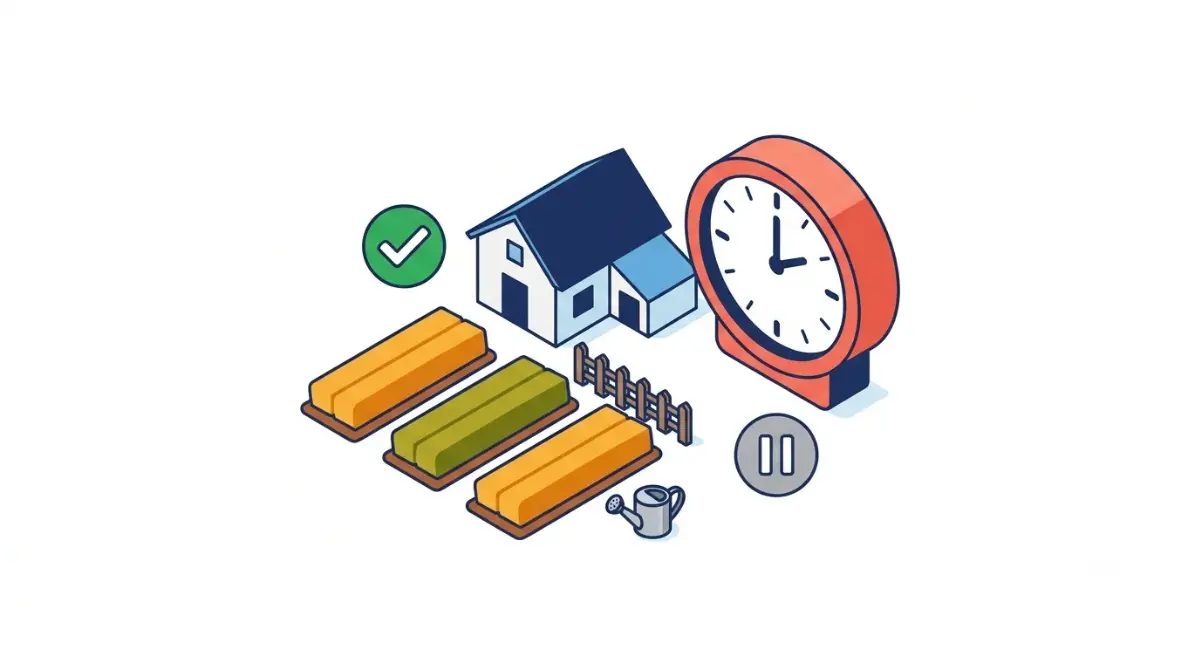 Is Stardew Valley still worth playing? Flat vector illustration of a small farm, clock, and time-commitment decision on a white background.