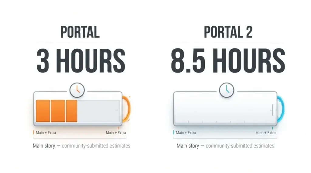 Portal or Portal 2 playtime comparison showing about 3 hours versus 8.5 hours