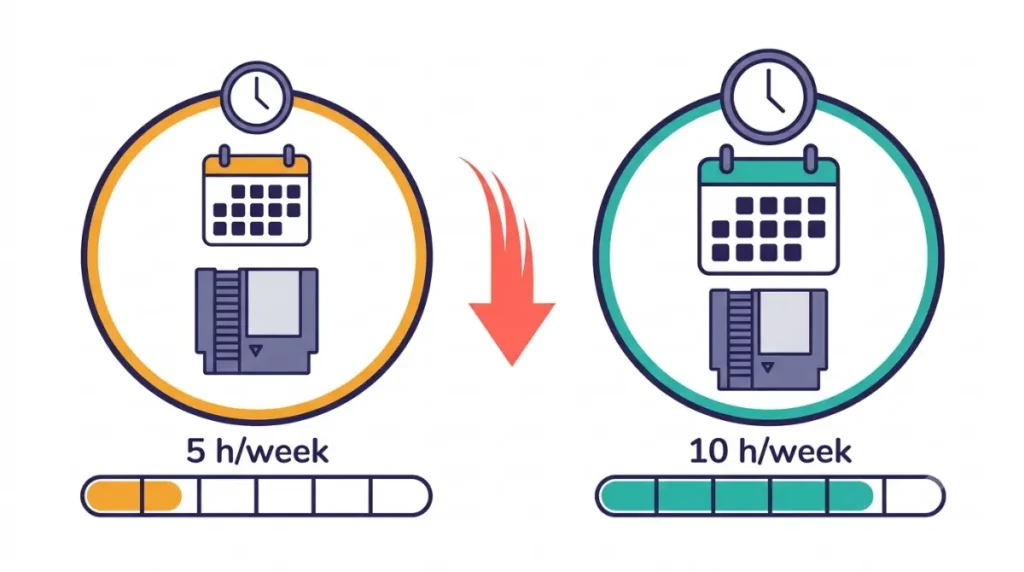 Vector comparison showing how many weeks games like Expedition 33 take to finish at 5 or 10 hours of play per week.