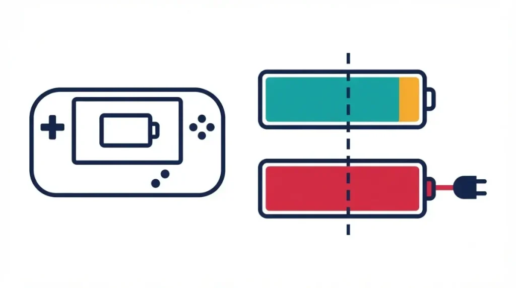 Switch 2 battery life vector illustration comparing short games that fit one charge with longer games needing a recharge