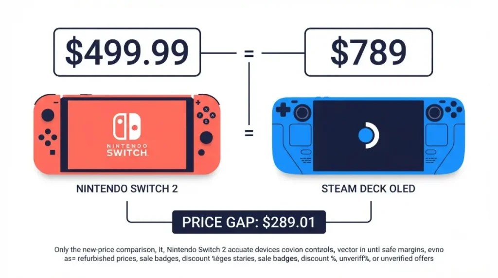 Steam Deck OLED and Nintendo Switch 2 price comparison showing the difference in purchase cost.