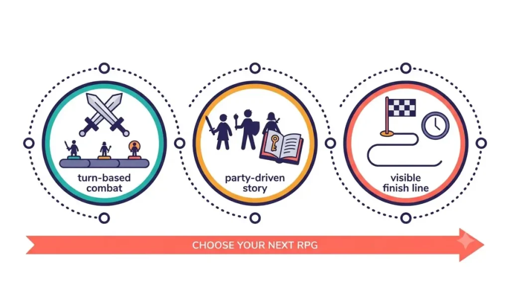 Vector infographic showing what makes a game like Expedition 33: turn-based combat, party story, and a clear finish line.