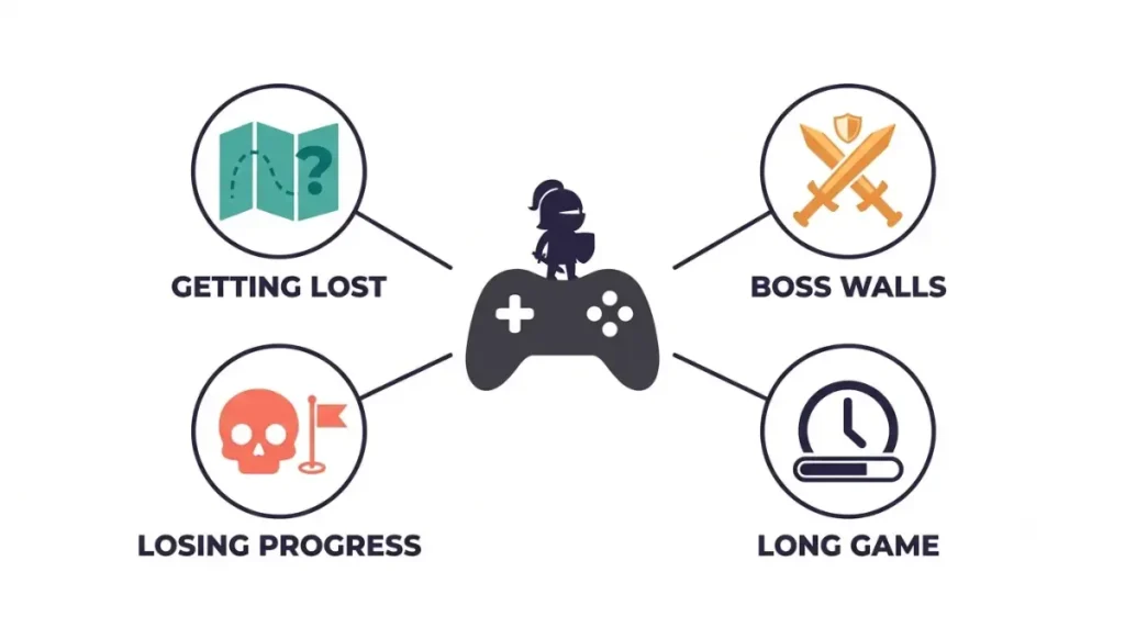 Infographic showing four common reasons players quit Hollow Knight: getting lost, losing progress, boss walls, and long playtime